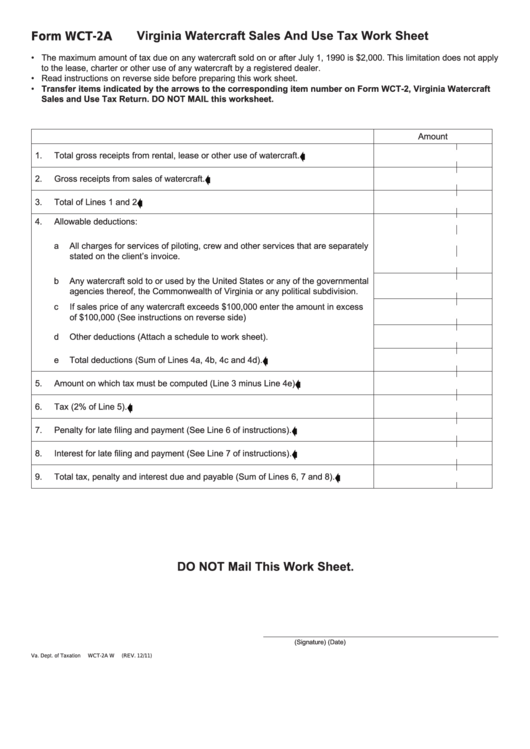 Fillable Form Wct-2a - Virginia Watercraft Sales And Use Tax Work Sheet Printable pdf