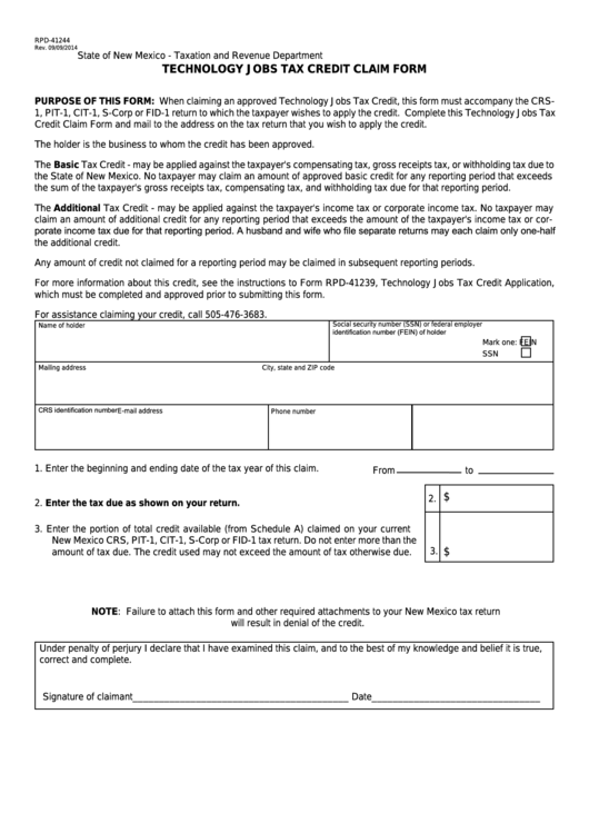 Fillable Form Rpd-41244 - New Mexcico Technology Jobs Tax Credit Claim Form Printable pdf