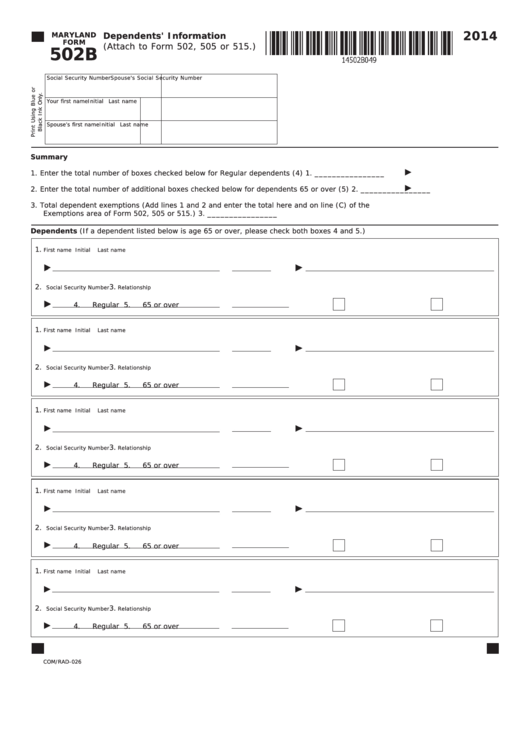 Fillable Form 502b - Maryland Dependents