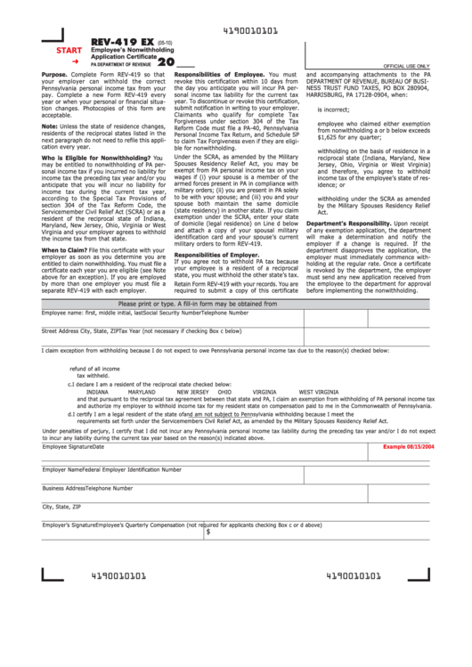 Fillable Form Rev 419 Ex Pa Employees Nonwithholding Application