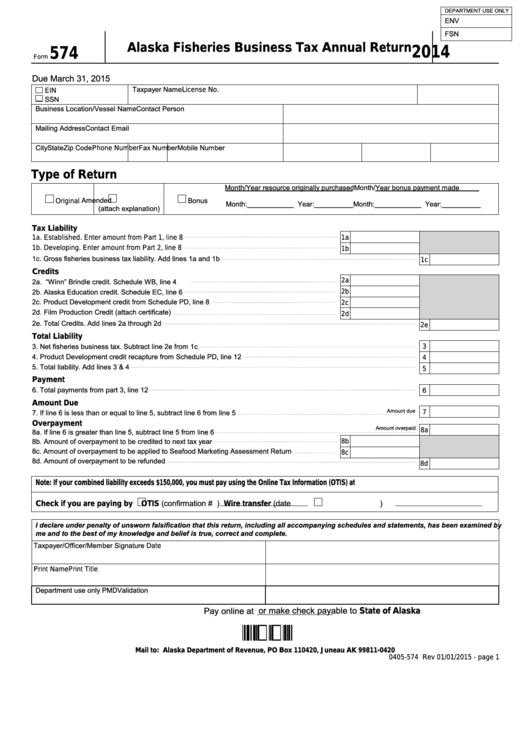 Form 574 - Alaska Fisheries Business Tax Annual Return - 2014 Printable pdf