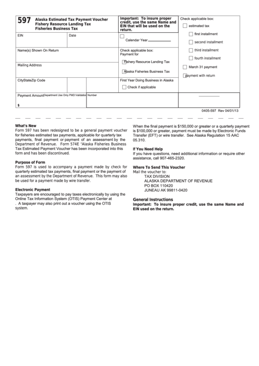 Form 597 - Alaska Estimated Tax Payment Voucher Fishery Resource Landing Tax Fisheries Business Tax Printable pdf