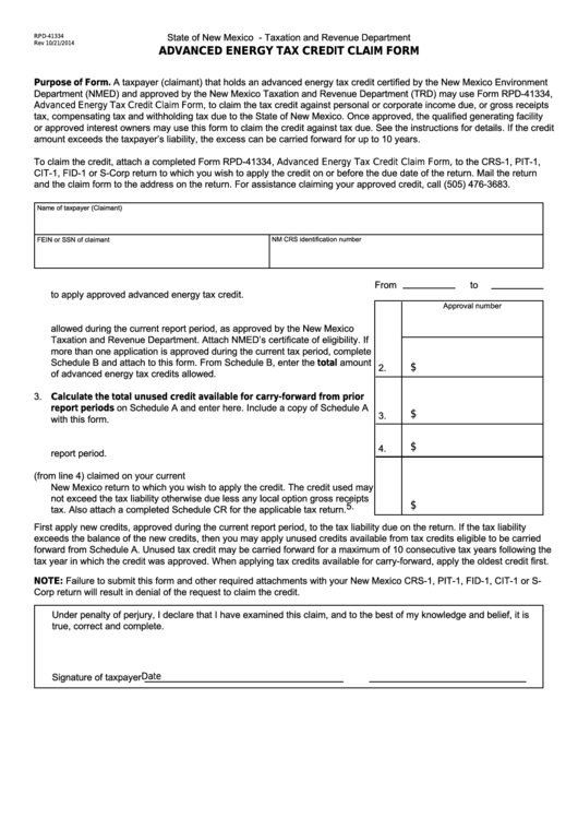 Fillable Form Rpd-41334 - New Mexico Advanced Energy Tax Credit Claim Form Printable pdf