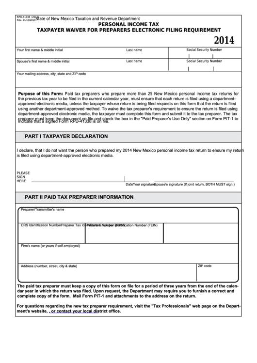 Form Rpd-41338 - New Mexico Personal Income Tax Taxpayer Waiver For Preparers Electronic Filing Requirement - 2014 Printable pdf