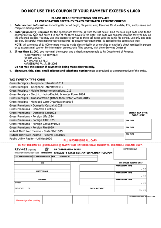 Fillable Form Rev423 Pa Specialty Taxes Estimated Payment Coupon