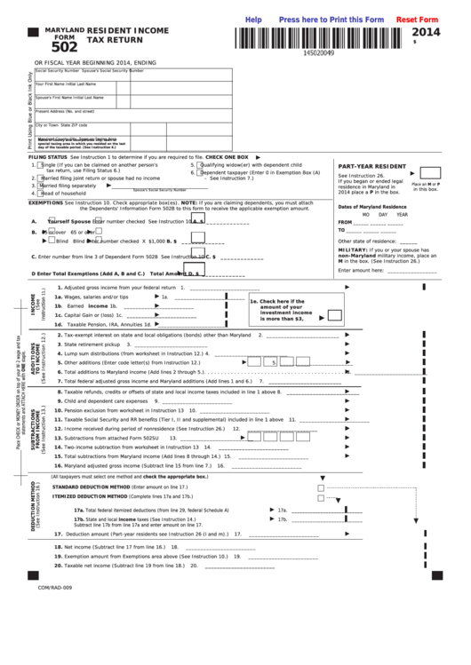 Fillable Form 502 - Maryland Resident Income Tax Return - 2014 Printable pdf