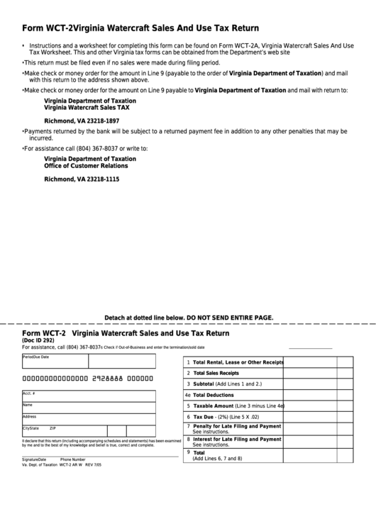 Fillable Form Wct-2 - Virginia Watercraft Sales And Use Tax Return Printable pdf