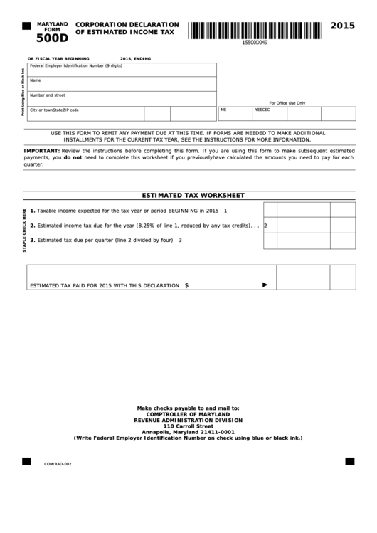 Fillable Form 500d - Maryland Corporation Declaration Of Estimated Income Tax - 2015 Printable pdf