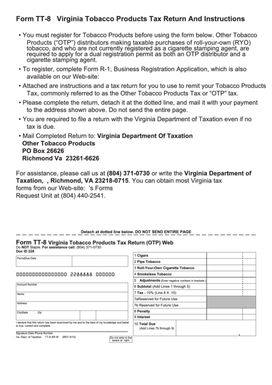 Form Tt-8 - Virginia Tobacco Products Tax Return And Instructions Printable pdf