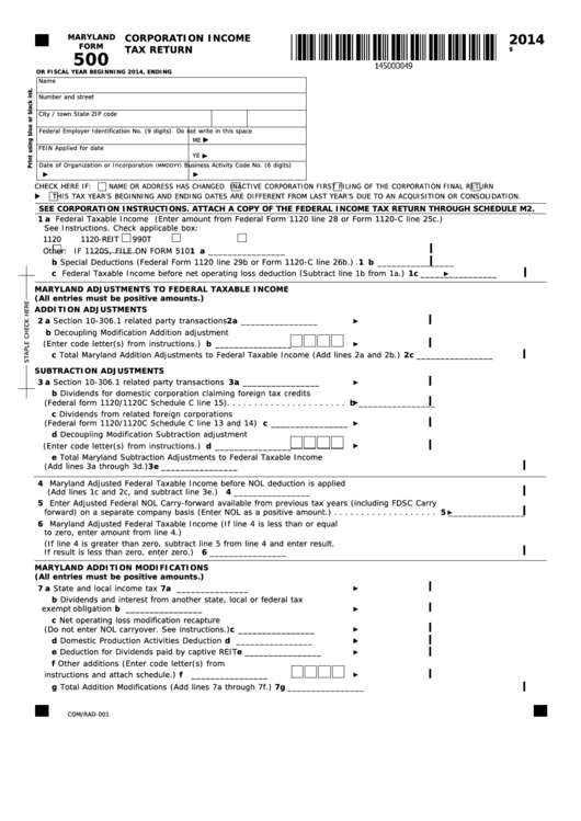 Fillable Form 500 - Maryland Corporation Income Tax Return - 2014 Printable pdf