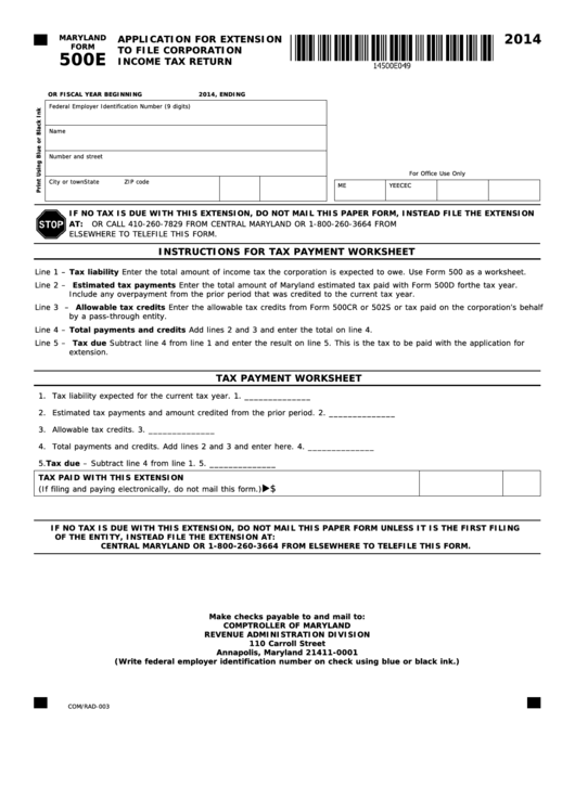 Fillable Form 500e - Maryland Application For Extension To File Corporation Income Tax Return - 2014 Printable pdf