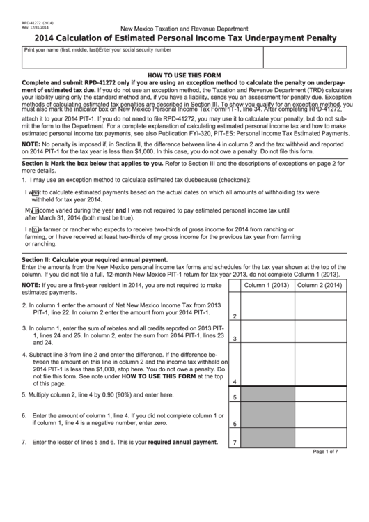 Form Rpd-41272 - New Mexico Calculation Of Estimated Personal Income Tax Underpayment Penalty - 2014 Printable pdf