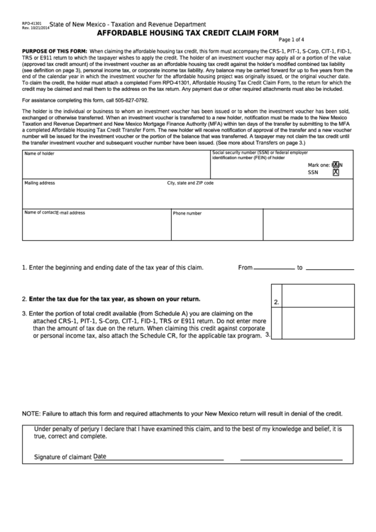 Fillable Form Rpd-41301 - New Mexico Affordable Housing Tax Credit Claim Form Printable pdf