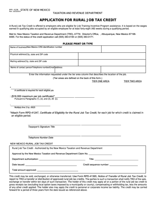Fillable Form Rpd-41238 - New Mexico Application For Rural Job Tax Credit Printable pdf