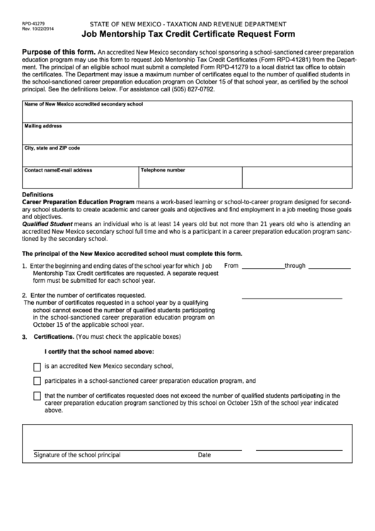 Form Rpd-41279 - New Mexico Job Mentorship Tax Credit Certificate Request Form Printable pdf