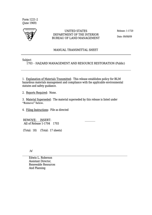 Form 1221-2 - Manual Transmittal Sheet - United States Department Of The Interior Bureau Of Land Management Printable pdf
