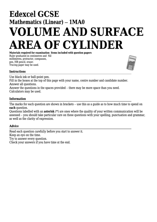 Edexcel Gcse Mathematics (Linear) - Volume And Surface Area Of Cylinder Printable pdf