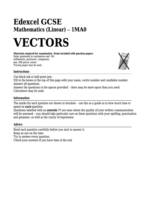 Edexcel Gcse Mathematics (Linear) - Vectors Printable pdf