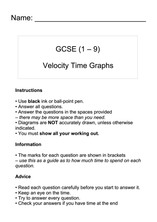 Gcse (1-9) Velocity Time Graphs Worksheet Printable pdf