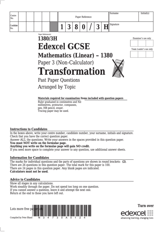 Edexcel Gcse Mathematics (Linear) - Transformation Printable pdf