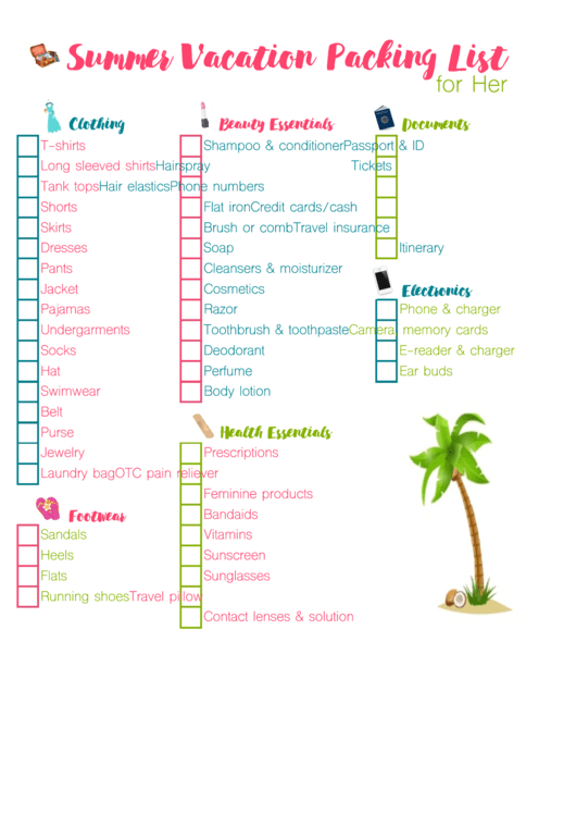 Summer Vacation Packing List For Her Template Printable pdf