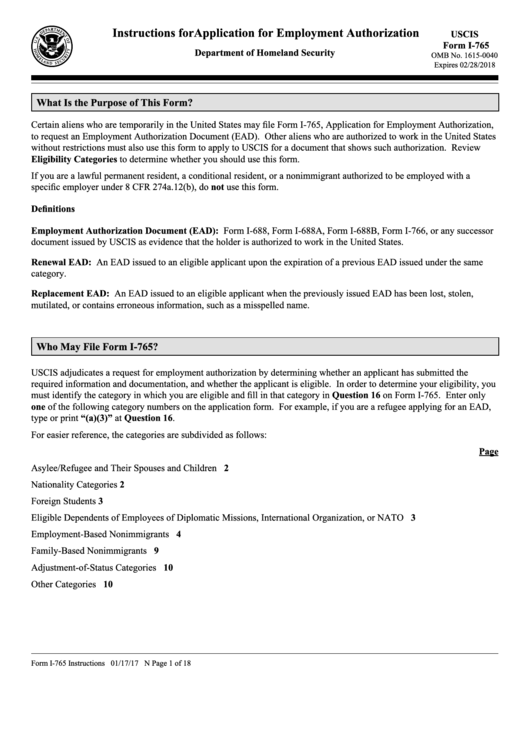 Instructions For I-765 - Application For Employment Authorization Printable pdf