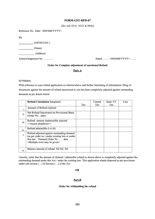 Form Gst-Rfd-07 - Order For Complete Adjustment Of Sanctioned Refund Printable pdf