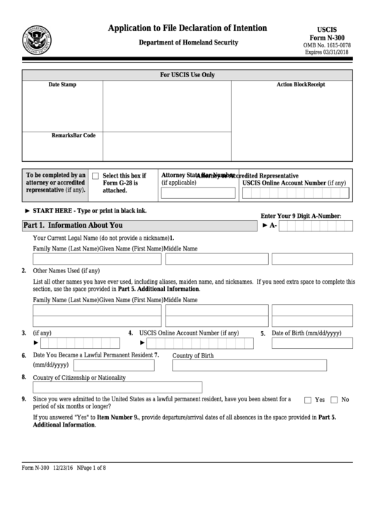 Fillable Form N-300 - Application To File Declaration Of Intention Printable pdf
