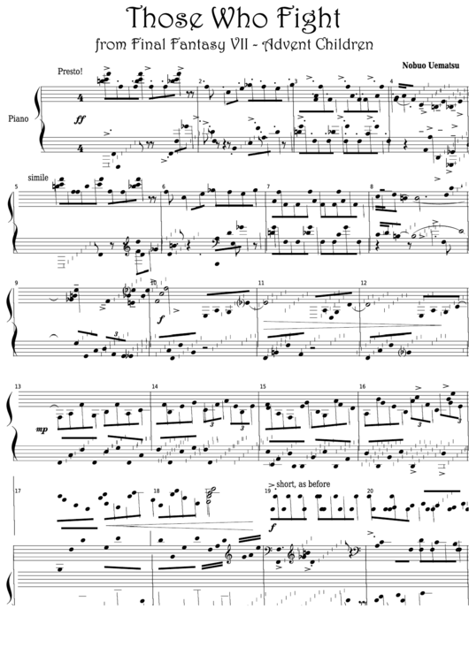 Nobuo Uematsu - Those Who Fight From Final Fantasy Vii - Advent Children Video Game Sheet Music Printable pdf