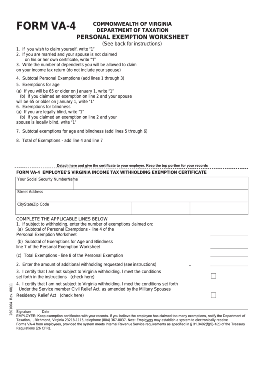 Fillable Form Va-4 - Virginia Personal Exemption Worksheet Printable pdf