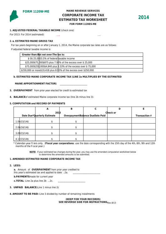 Fillable Form 1120w-Me - Maine Corporate Income Tax Estimated Tax Worksheet - 2014 Printable pdf