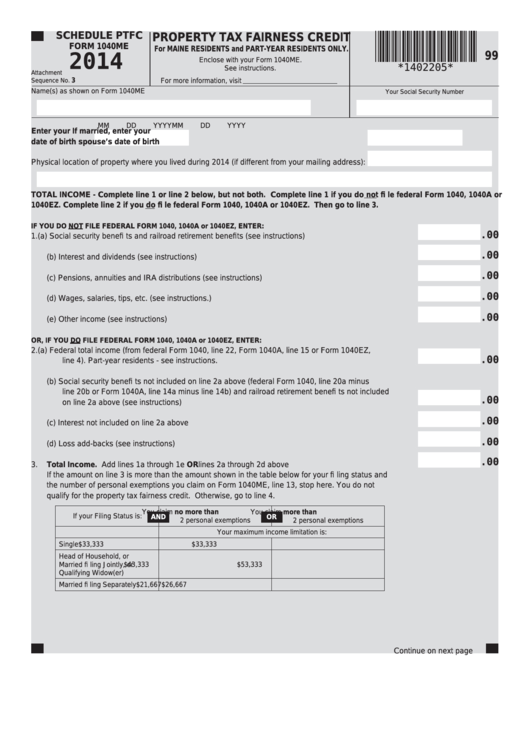 Fillable Schedule Ptfc (Form 1040me) - Maine Property Tax Fairness Credit - 2014 Printable pdf