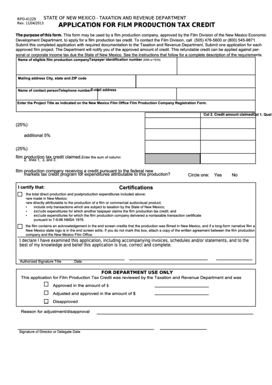 Fillable Form Rpd-41229 - New Mexico Application For Film Production Tax Credit Printable pdf
