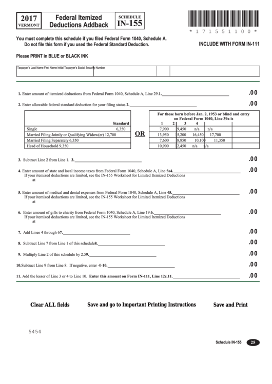 Fillable Schedule In-155 - Federal Itemized Deductions Addback - 2017 Printable pdf