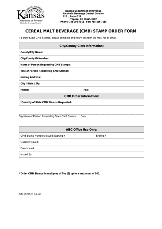 Form Abc-303 - Cereal Malt Beverage (Cmb) Stamp Order Form Printable pdf