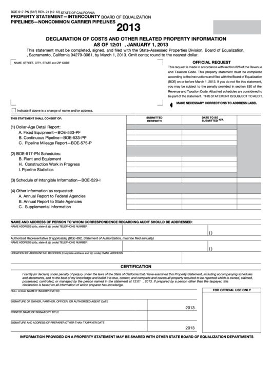 Fillable Form Boe-517-Pn - Property Statement - Intercounty - Pipelines - Noncommon Carrier Pipelines - 2013 Printable pdf