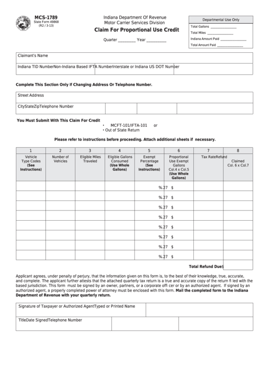Fillable Form Mcs-1789 - Claim For Proportional Use Credit Printable pdf