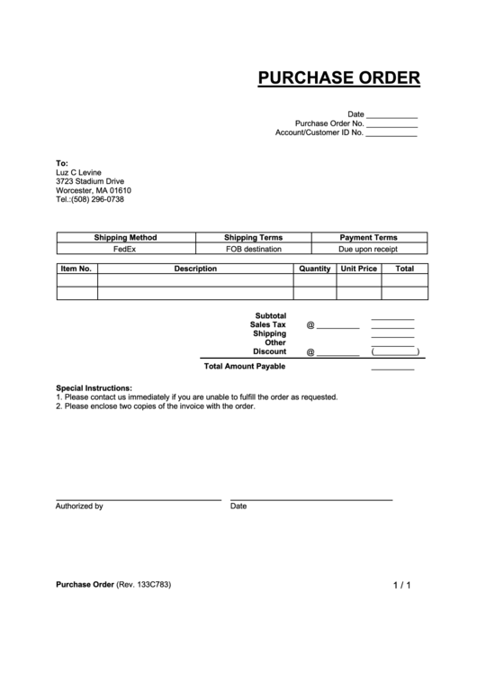 Purchase Order Template Printable pdf