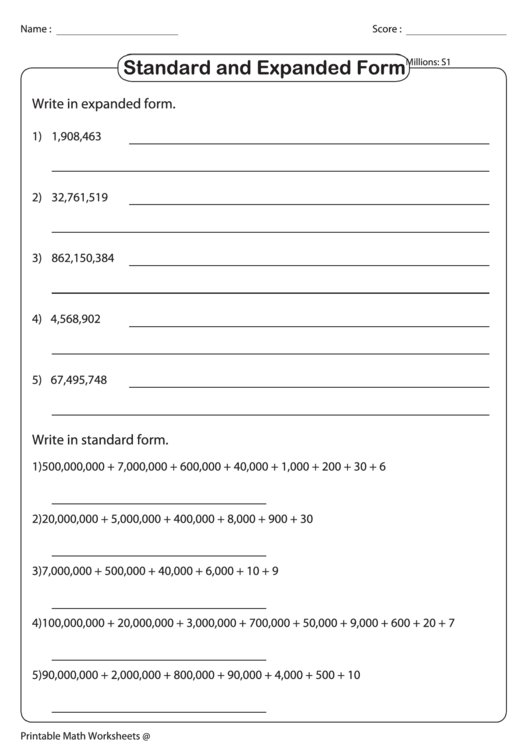 Writing Numbers (Millions) In Standard And Expanded Form Worksheet With Answers Printable pdf