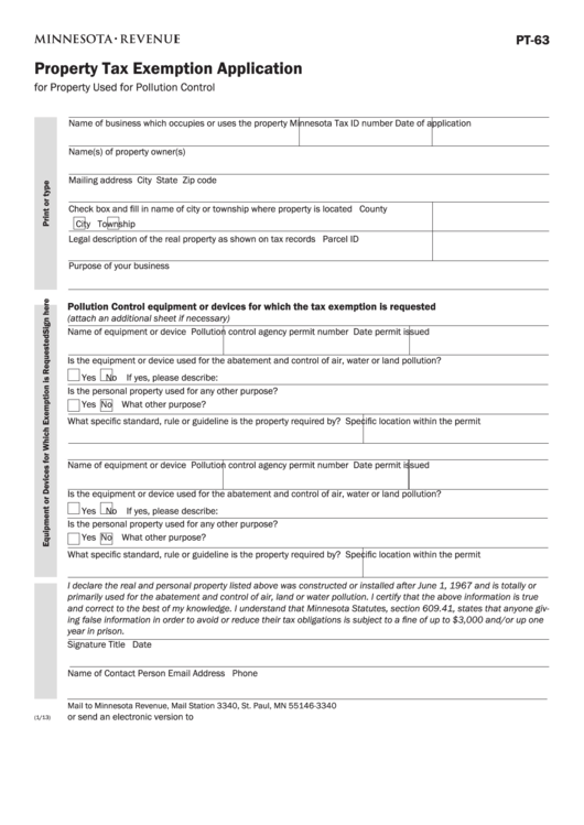 Fillable Form Pt-63 - Property Tax Exemption Application Printable pdf
