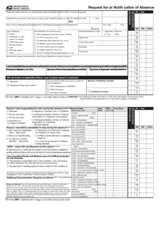 Fillable Ps Form 3971 - Request For Or Noti Cation Of Absence Printable pdf