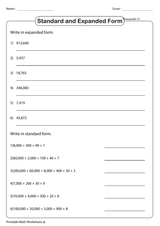 Standard And Expanded Form Math Worksheet With Answers Printable pdf