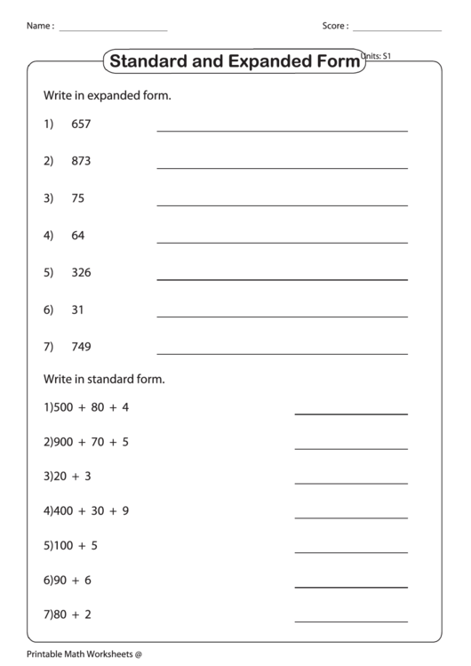 Units In Standard And Expanded Form Math Worksheet With Answers Printable pdf