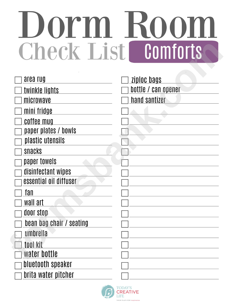 Dorm Room Comforts Checklist printable pdf download