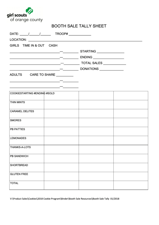 Booth Sale Tally Sheet - Girl Scouts Of Orange County Printable pdf