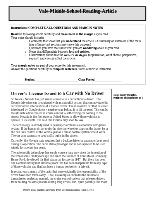 Driver's License Issued To A Car With No Driver (1190l) - Middle School Reading Article Worksheet