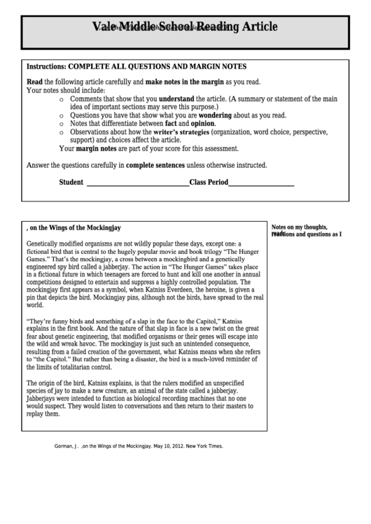 D.i.y. Biology, On The Wings Of The Mockingjay (1120l) - Middle School Reading Article Worksheet