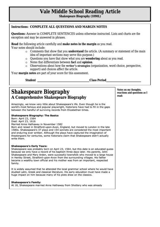 Shakespeare Biography (1090l) - Middle School Reading Article Worksheet Printable pdf