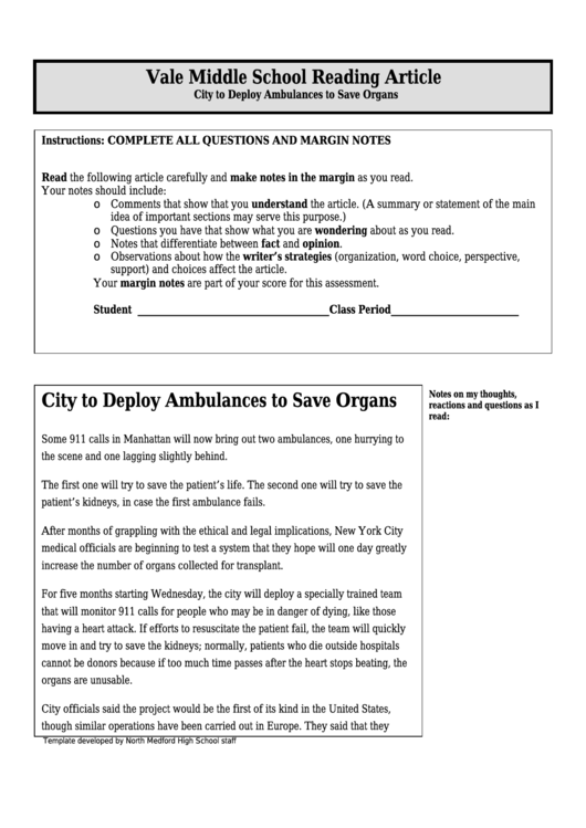 City To Deploy Ambulances To Save Organs - Middle School Reading Article Worksheet Printable pdf