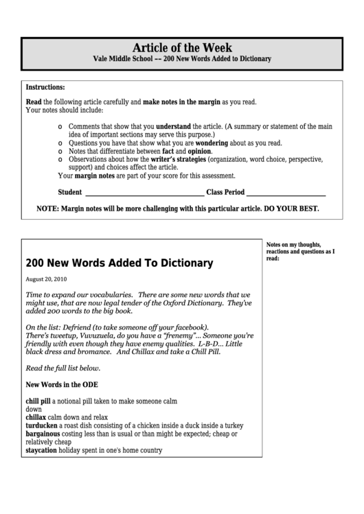 200 New Words Added To Dictionary - Article Of The Week Middle School Worksheet Printable pdf
